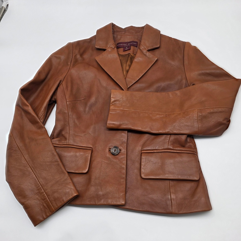 chic Margaret Godfrey Leather Blazer Women 8P Brown Quiet Luxury Minimalist